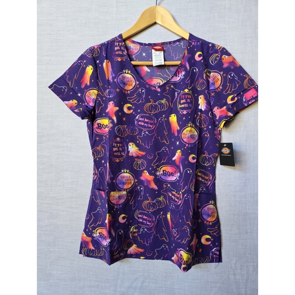 Dickies Hanging With My Boo Scrubs Halloween V Neck Top Women's XS NWT New